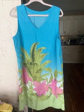 Sleeveless Tropical Blue Midi Dress with Pink Floral Border